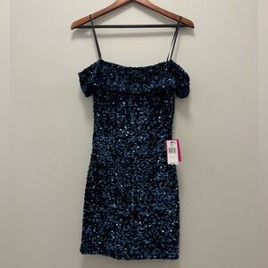 B Darlin Navy Blue Sequin Off-Shoulder Dress - Women’s Size 3/4
